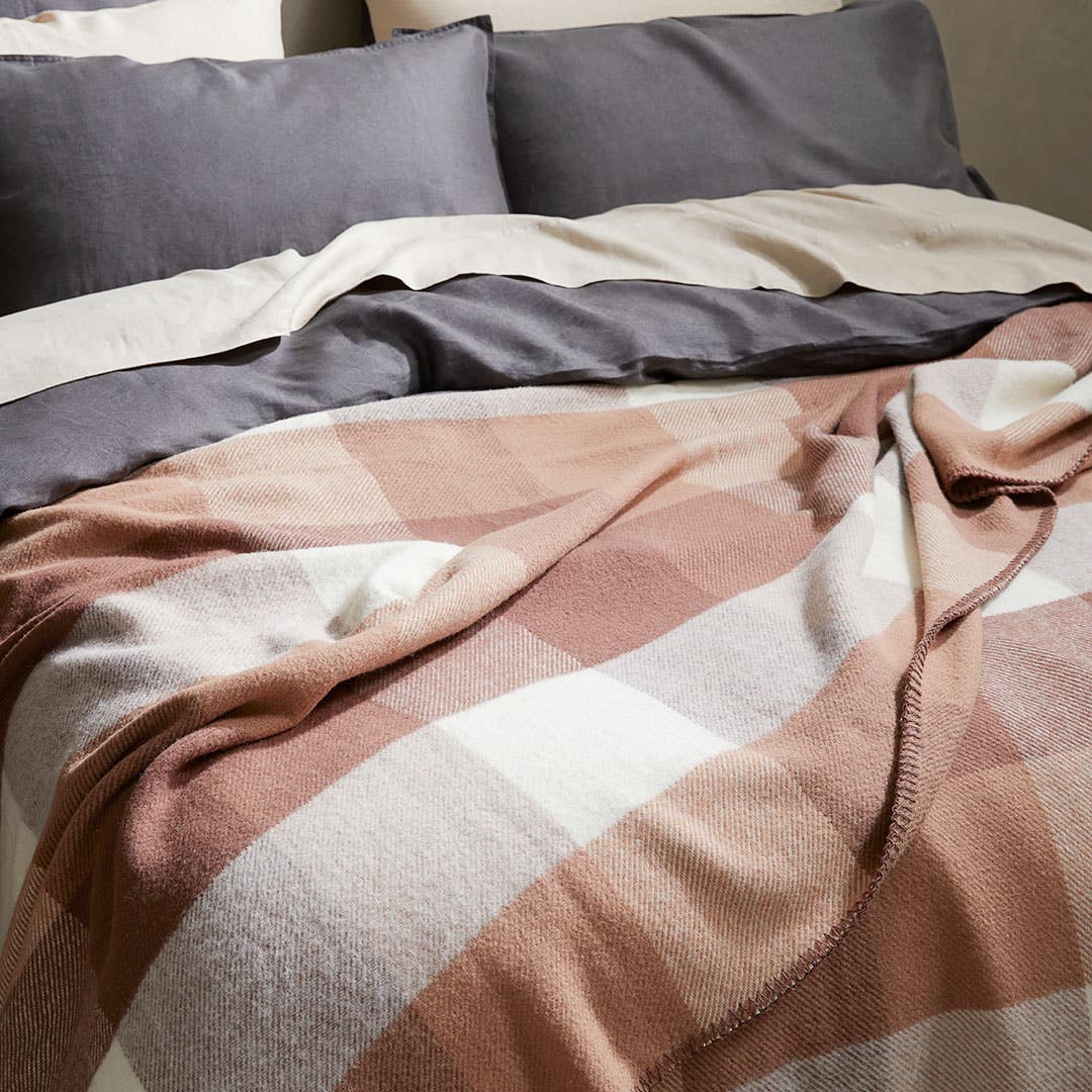 Lincoln Check Woollen Blanket - Clay/Ivory