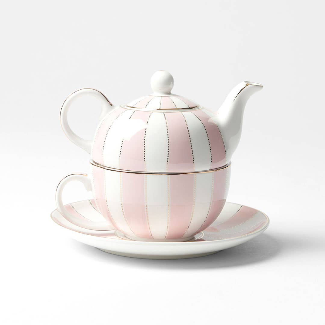 Miss Stripe Teapot And Teacup - Pastel Pink